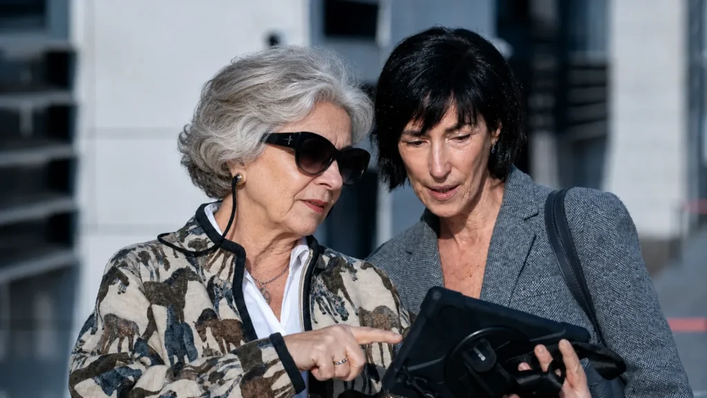 Pilar Gargallo revisando información en una tablet durante una conversación