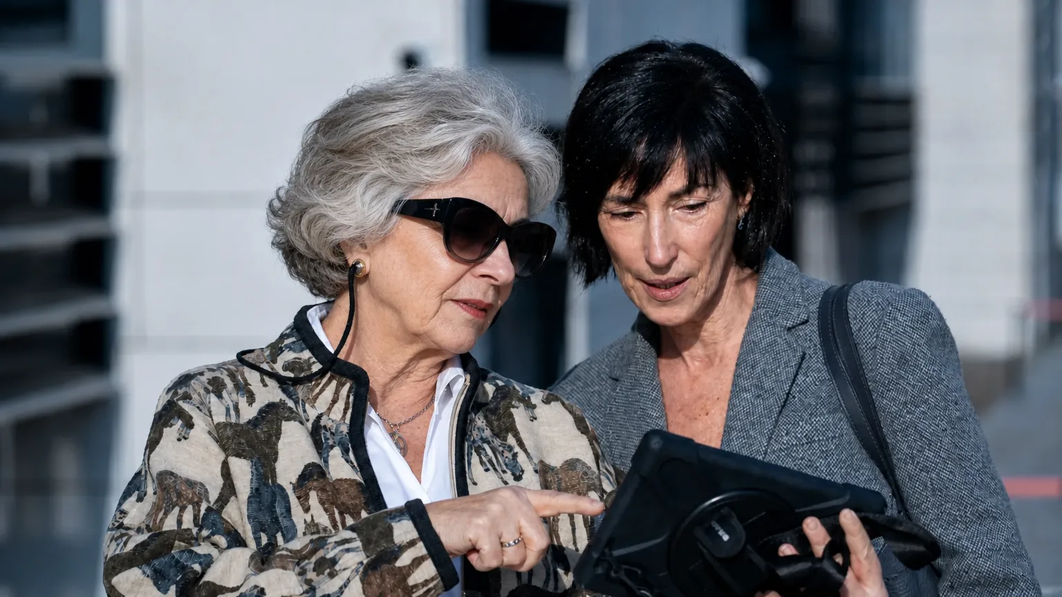 Pilar Gargallo revisando información en una tablet durante una conversación