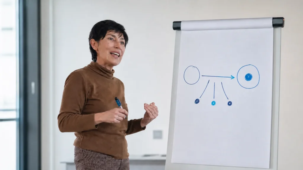 Pilar Gargallo explicando una idea junto a una pizarra durante una formación